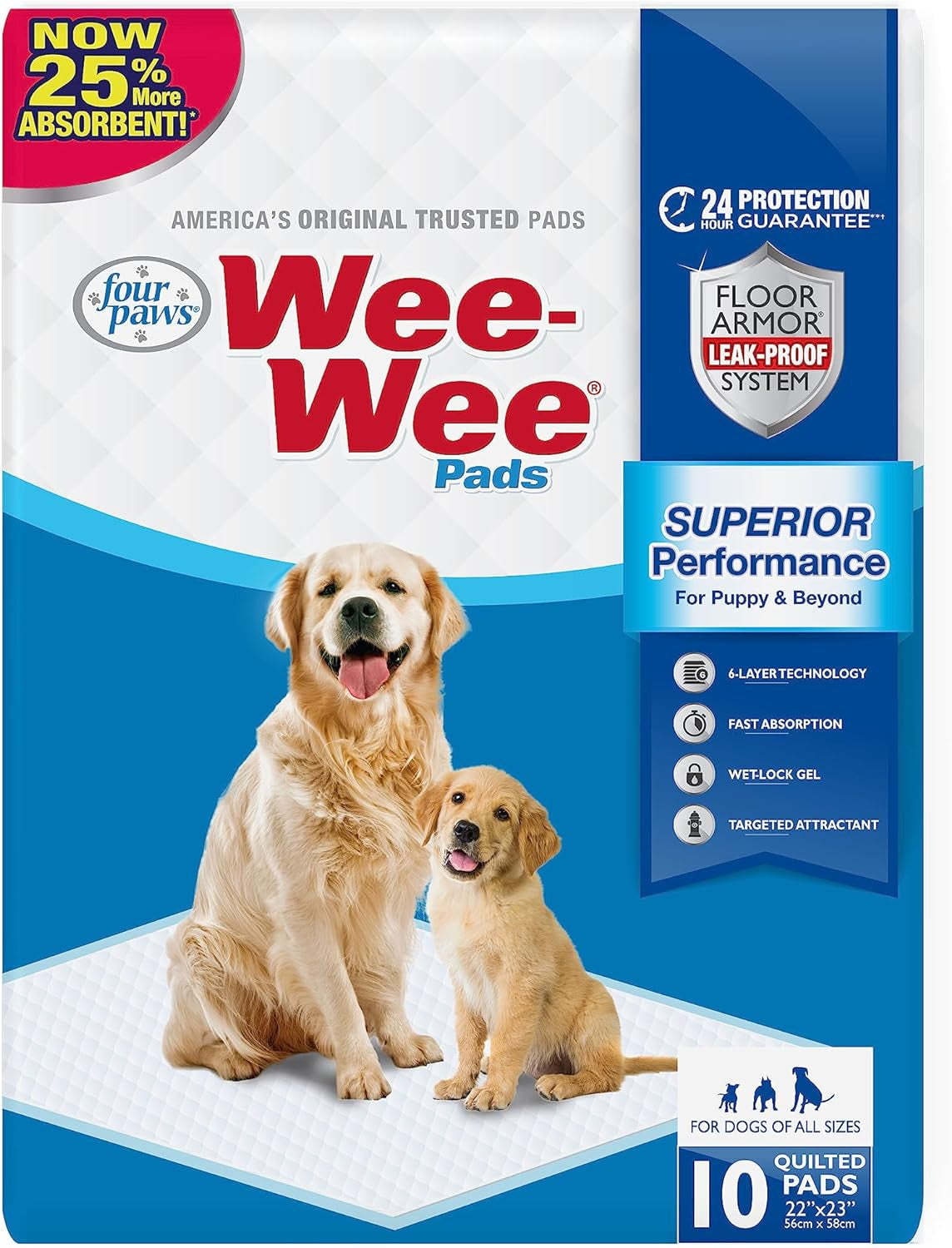 Four Paws Wee-Wee Superior Performance Pee Pads for Dogs of All Sizes, Leak-Proof Floor Protection Dog & Puppy Quilted Potty Training Pads, Unscented, 22" X 23"