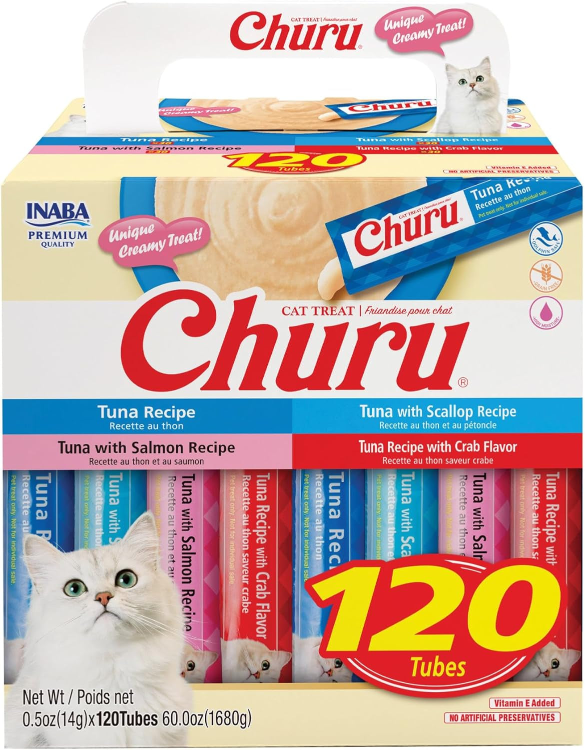 INABA Churu Cat Treats, Lickable, Squeezable Creamy Purée with Vitamin E, 0.5 Ounces per Tube, 120 Tubes Total