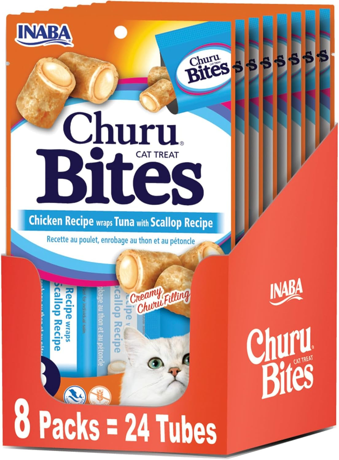 INABA Churu Bites for Cats, Soft Baked Chicken Churu Filled Cat Treats with Vitamin E, 0.35 Ounces Each Tube, 24 Tubes Total (3 per Pack)