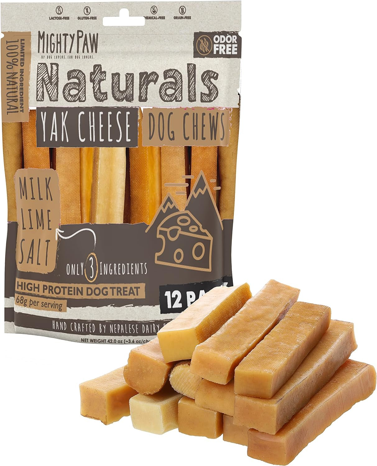 Mighty Paw Yak Cheese Dog Chews - All-Natural Treats for Dogs - High Protein Treat with 68 Grams of Protein per Chew - Delicious and Long Lasting - Odor Free with Limited Ingredients