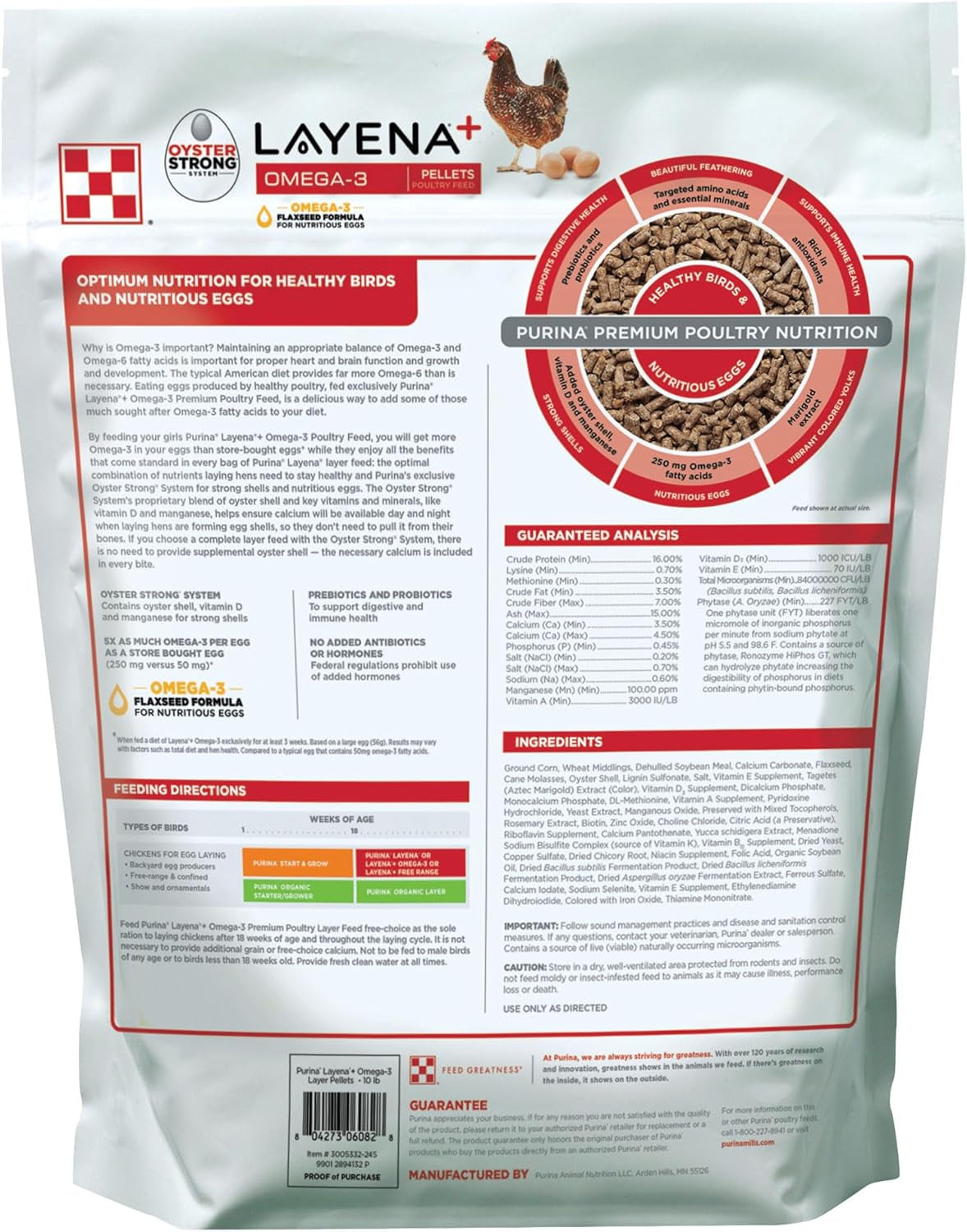 Purina Layena+, Nutritionally Complete Layer Hen Feed, Omega 3 Formula - 10 Pound (10 Lb) Bag