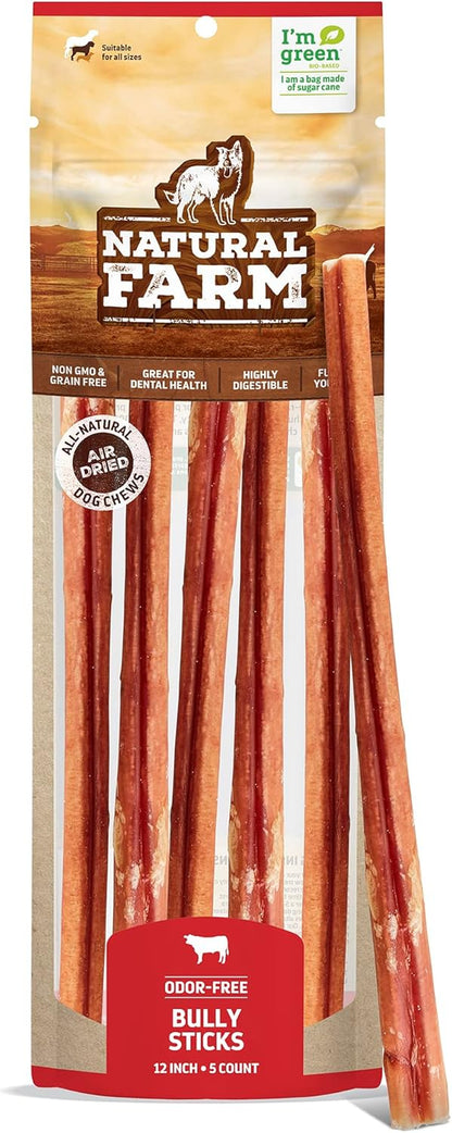 Natural Farm Odor-Free Bully Sticks, Fully Digestible 100% Beef Pizzle Chews, Grass-Fed, Non-Gmo, Grain-Free, Natural Long-Lasting Chews for Small & Large Dogs