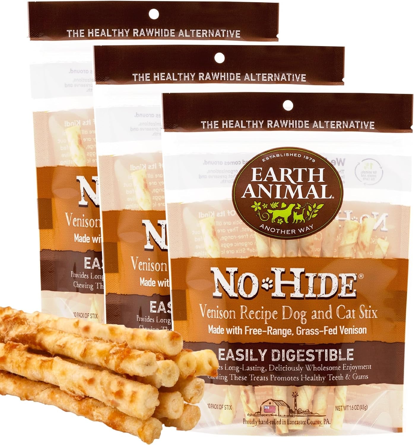 Earth Animal No Hide Stix Flavored Natural Rawhide Free Dog Chews Long Lasting Dog Chew Sticks, Dog Treats for Small Dogs and Cats, Great Dog Chews for Aggressive Chewers