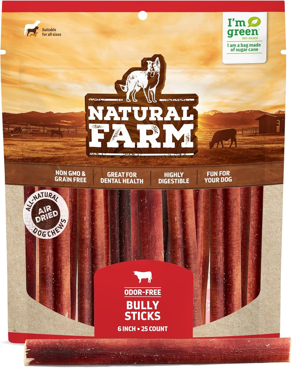 Natural Farm Odor-Free Bully Sticks, Fully Digestible 100% Beef Pizzle Chews, Grass-Fed, Non-Gmo, Grain-Free, Natural Long-Lasting Chews for Small & Large Dogs