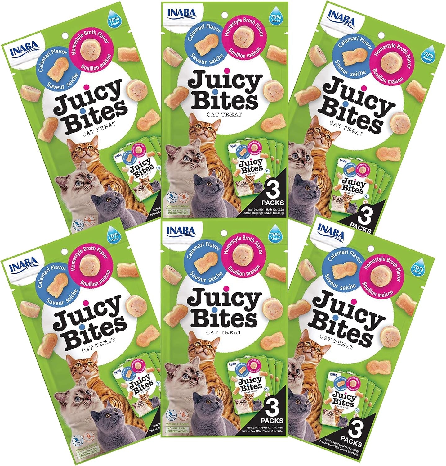 INABA Juicy Bites, Moist & Chewy Cat Treats with Vitamin E and Green Tea Extract, 0.4 Ounces per Pouch, 18 Pouches (3 per Bag)