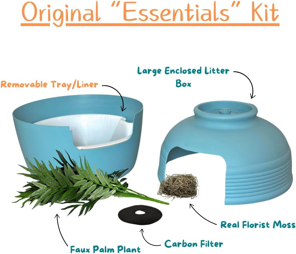 Good Pet Stuff, Original Hidden Litter Box & Reusable Liner Essentials Kit, round Enclosed Cat Planter Litter Box with Artificial Plants, Carbon Odor Filter System, Easy to Clean