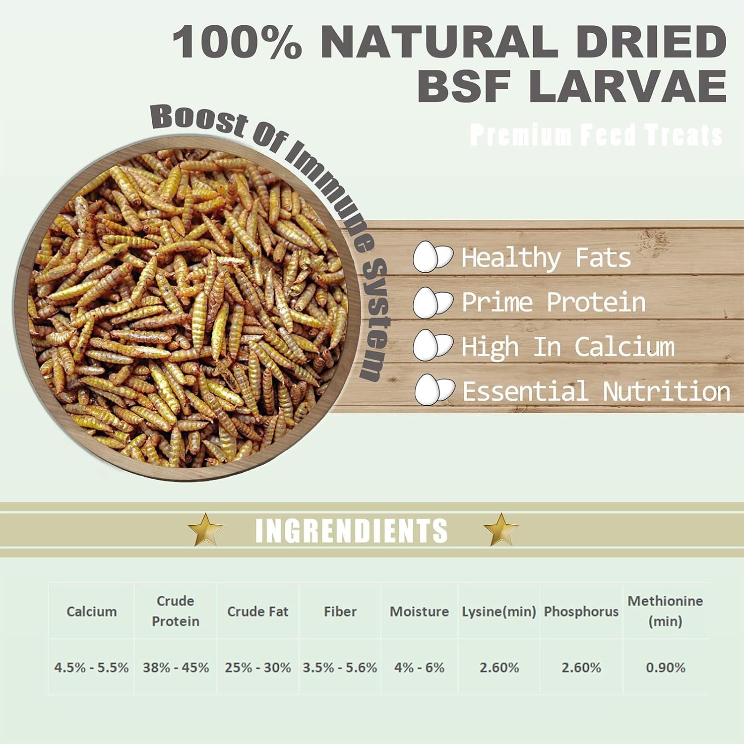 Amzey Dried Black Soldier Fly Larva/Dried Mealworms - 100% Natural BSF Larvae - 85X More Calcium than Mealworms - High Calcium Treats for Chickens, Birds, Hens, Ducks