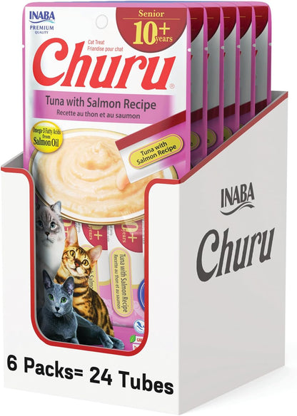 INABA Churu for Senior 10+, Creamy Lickable Cat Treats with Taurine, Vitamin E & C, 0.5 Ounces Each