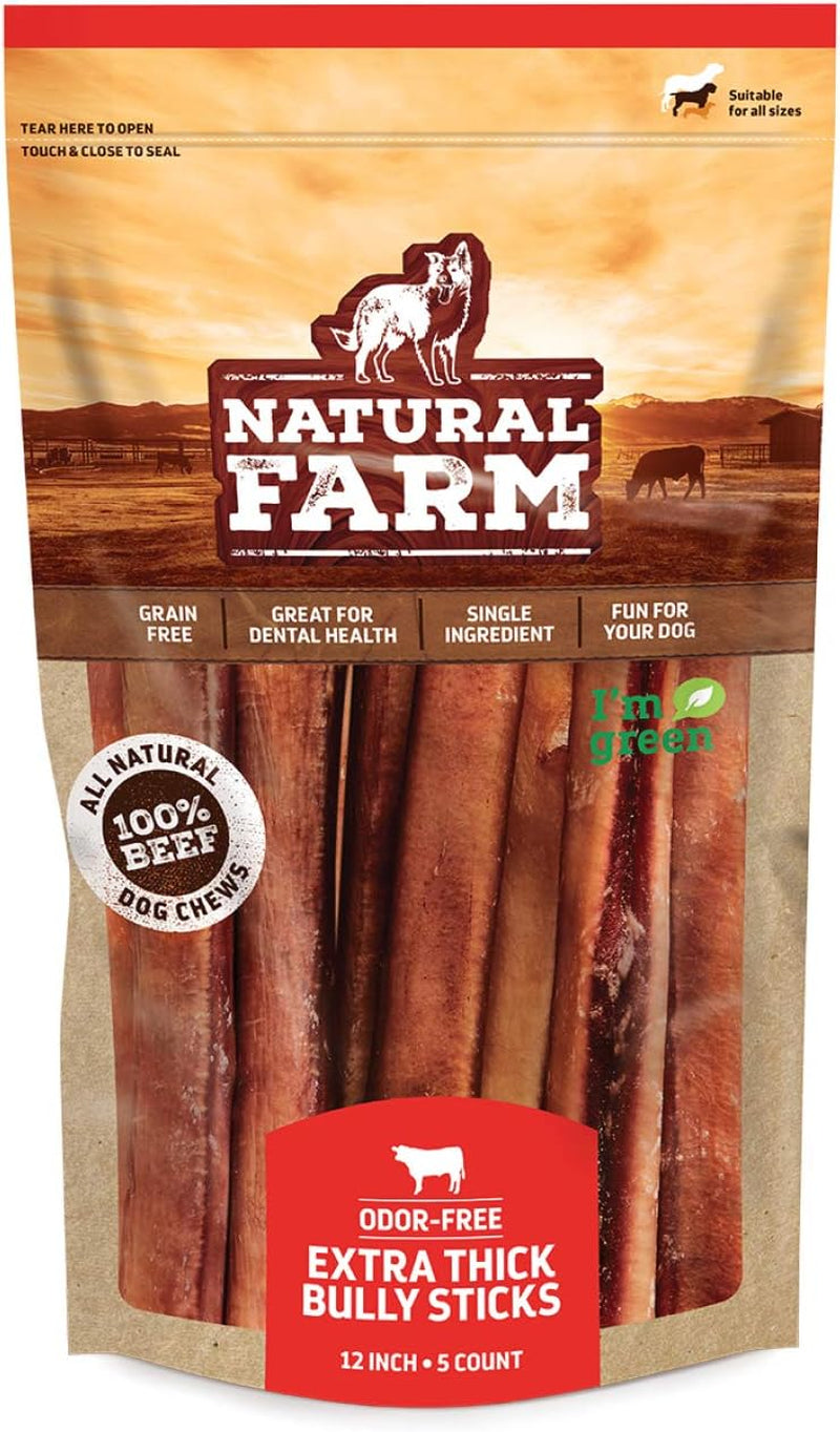 Natural Farm Odor-Free Bully Sticks, Fully Digestible 100% Beef Pizzle Chews, Grass-Fed, Non-Gmo, Grain-Free, Natural Long-Lasting Chews for Small & Large Dogs