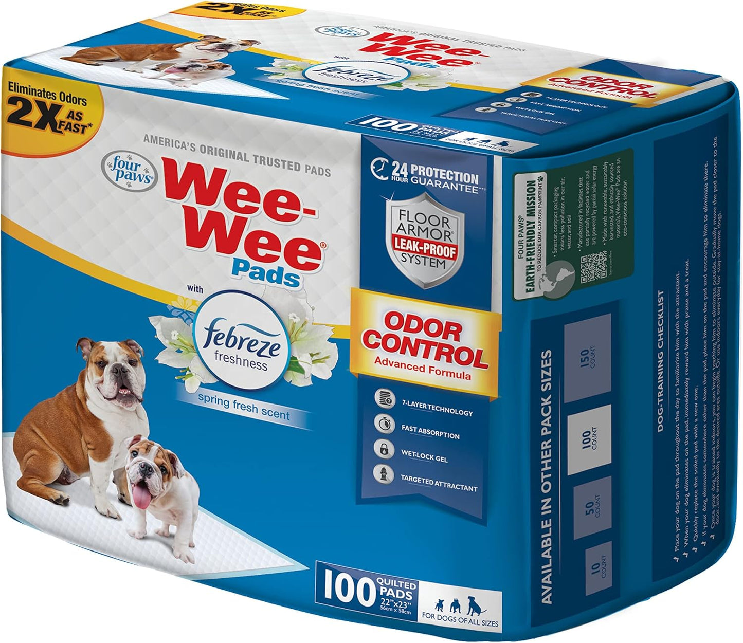 Four Paws Wee-Wee Odor Control with Febreze Freshness Pee Pads for Dogs of All Sizes, Leak-Proof Floor Protection Dog & Puppy Quilted Potty Training Pads, Spring Fresh Scent