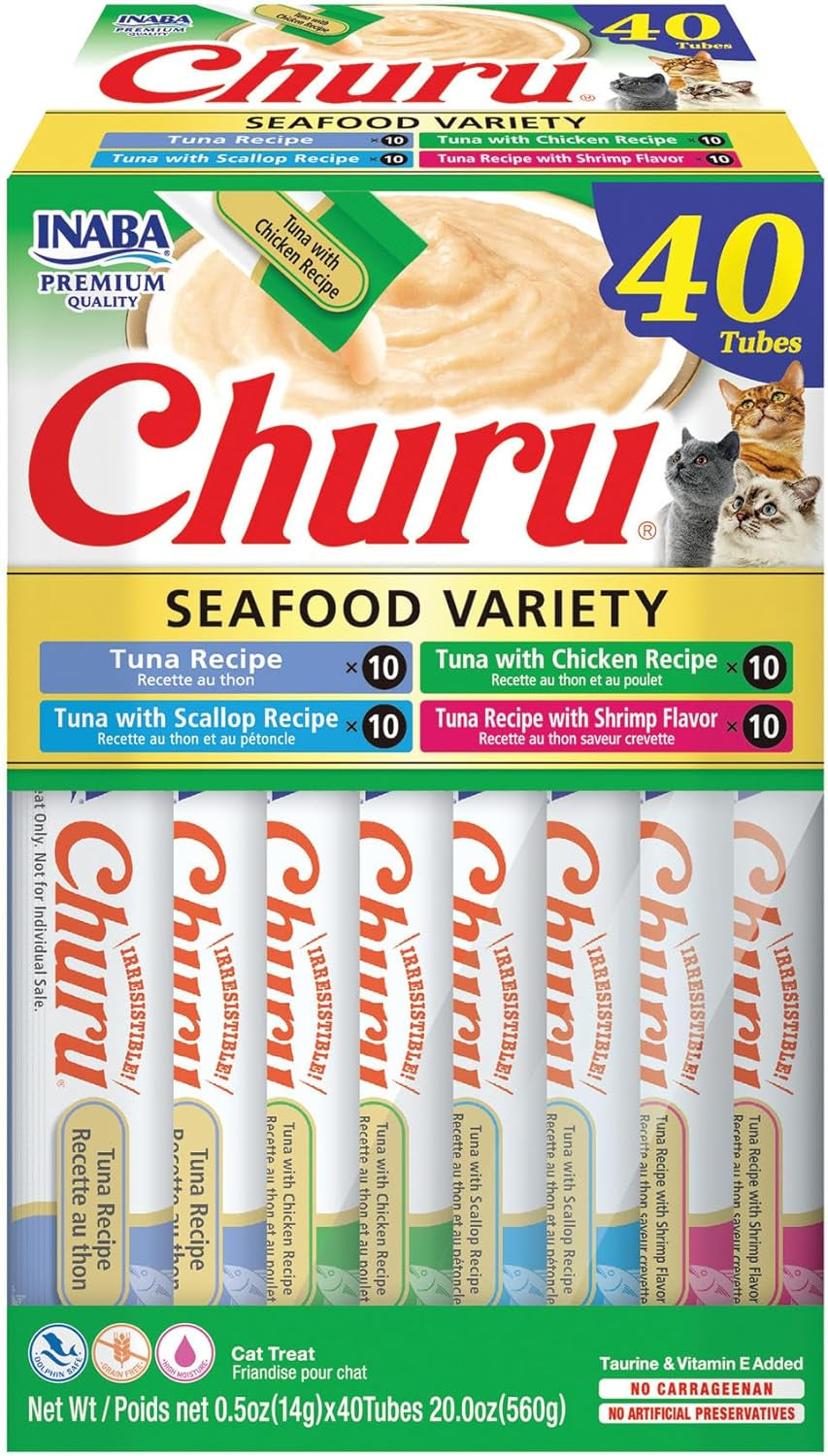 Churu Cat Treats, Grain-Free, Lickable, Squeezable Creamy Purée Cat Treat/Topper with Vitamin E & Taurine, 0.5 Ounces Each Tube, 50 Tubes, Tuna & Chicken Variety