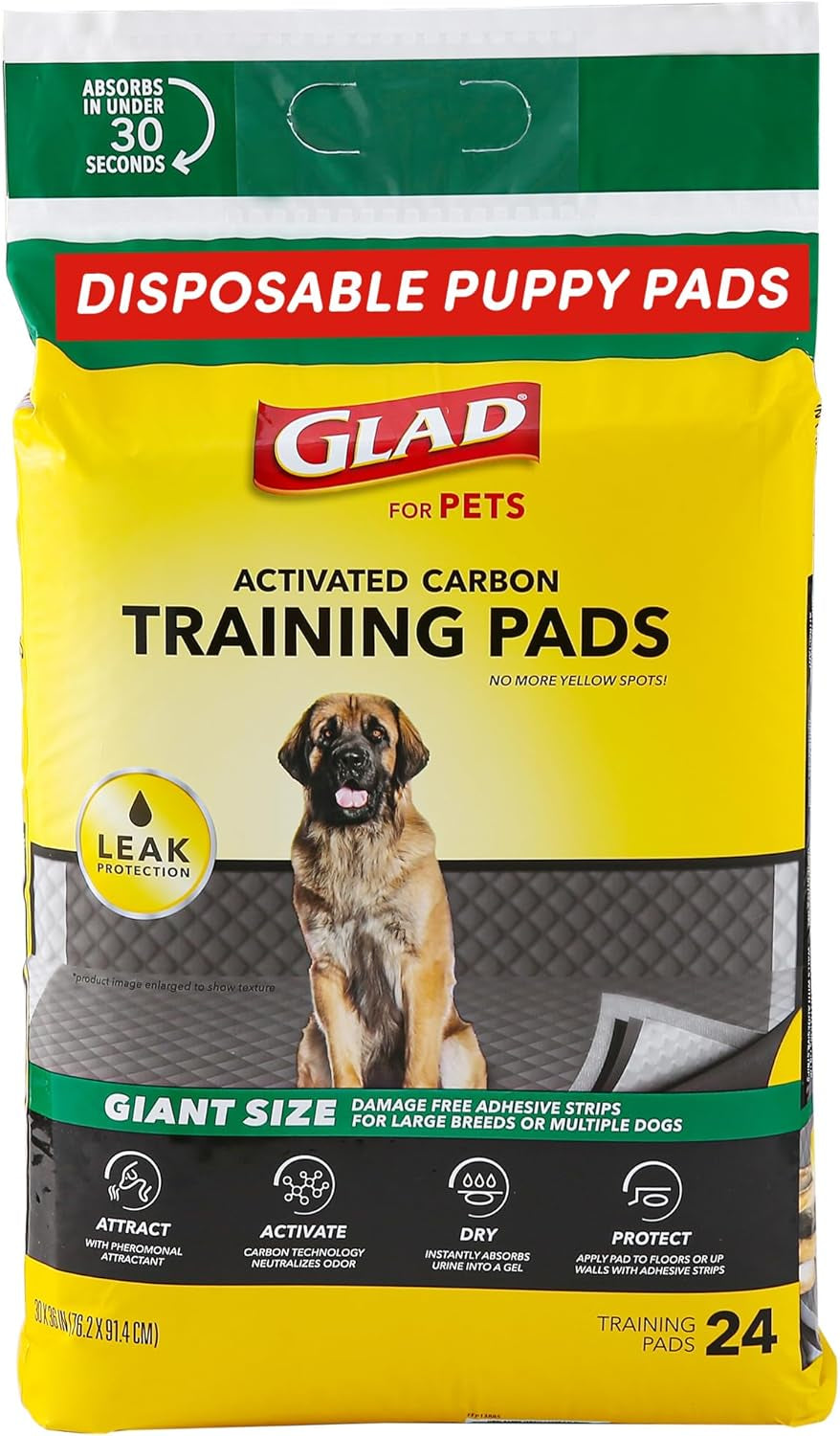 Glad for Pets Activated Carbon Dog Training Pads - Super Absorbent and Leak Proof Dog Pee Pads Extra Large, Indoor Potty Pads with Adhesive Strips, XL Puppy Pad Giant Size, 30" X 36"