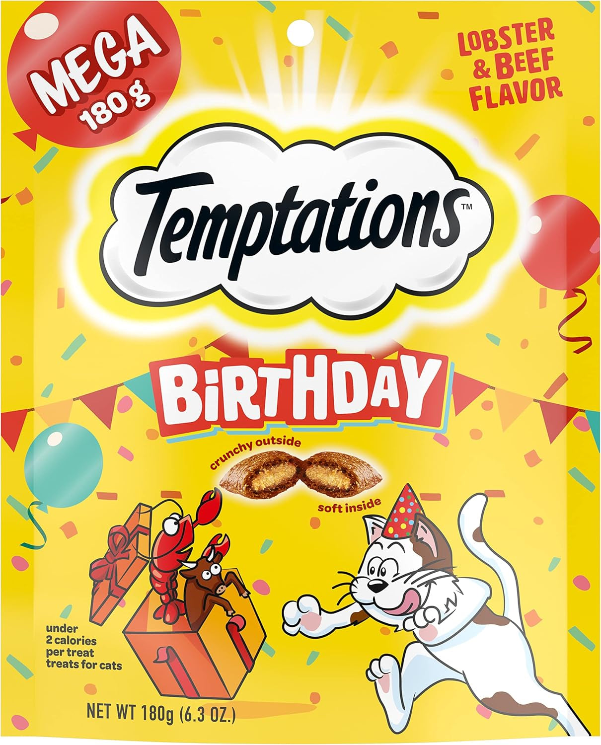 Temptations Birthday Crunchy and Soft Cat Treats Lobster and Beef Flavor, 6.3 Oz. Pouch, Pack of 10