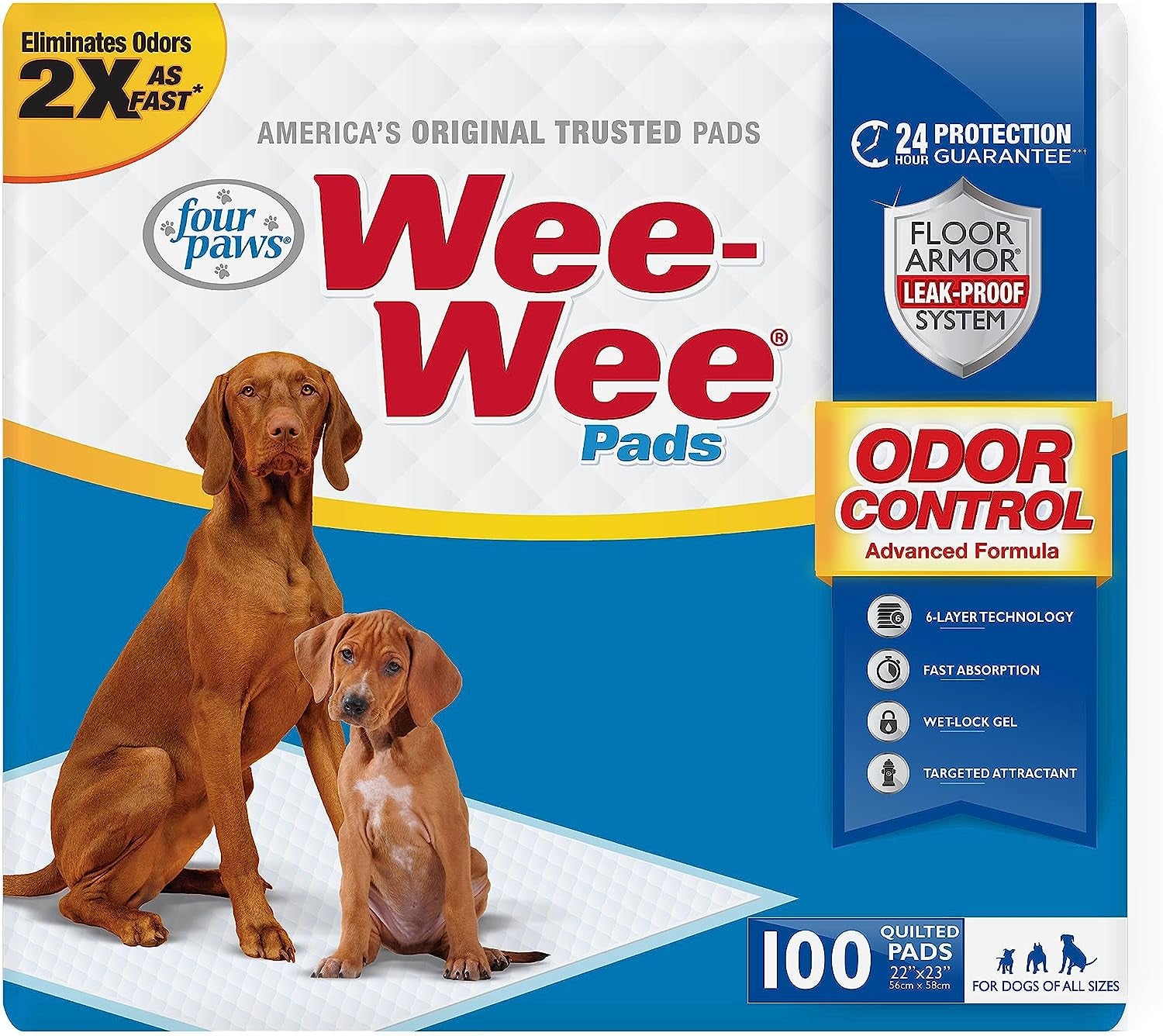 Four Paws Wee-Wee for Dogs of All Sizes, Leak-Proof Floor Protection Dog & Puppy Quilted Potty Training Pads, Unscented, 22" X 23"