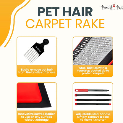 Pet Hair Carpet Rake - Dual Function Cat and Dog Hair Remover for Carpet with Long Adjustable Handle - Removes Fur from Carpets and Furniture - Pet Hair Removal Broom with Rubber Edge - Rug Rake Tool