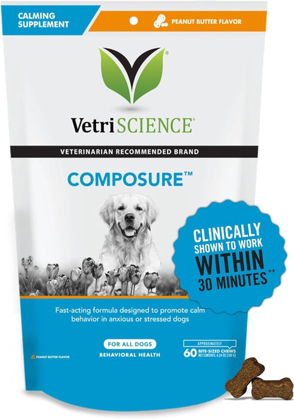 Vetriscience Composure Calming Chews for Dogs - Clinically Proven Dog Anxiety Relief Supplement with Colostrum, L-Theanine & Vitamin B1 for Stress, Storms, Separation & More