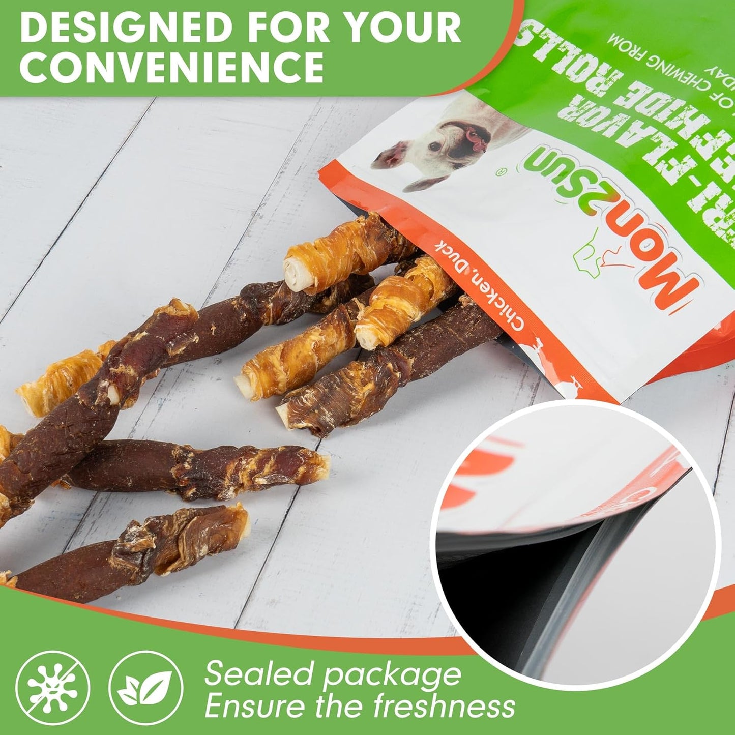 MON2SUN Dog Treats, Triple Flavor 5 Inch Chicken Liver Duck and Chicken Wrapped Rawhide Snacks for Small and Medium Dogs