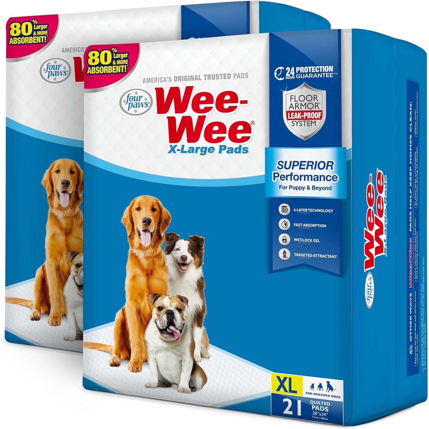 Four Paws Wee-Wee Superior Performance XL Pee Pads for Extra Large Dogs, Leak-Proof Floor Protection Dog & Puppy Quilted Potty Training Pads, Unscented, 28" X 34"