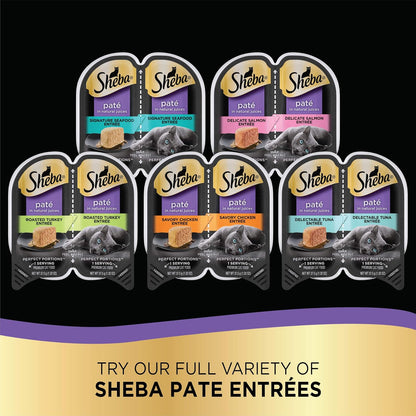 SHEBA Perfect Portions Paté Wet Cat Food Trays, Savory Chicken, Roasted Turkey, and Tender Beef Entrée, Easy Peel Twin-Pack Trays