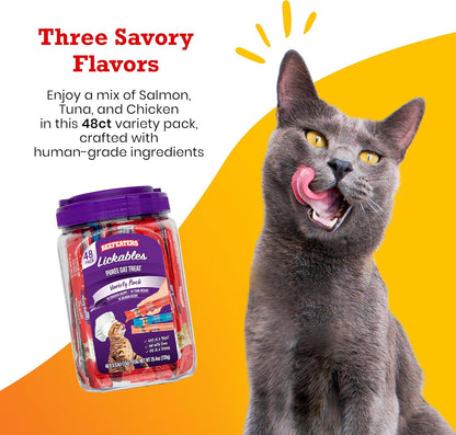 Beefeaters Cat Treats - Variety Pack Lickable Puree 48Ct | Cat Food Salmon, Tuna, Chicken | Grain-Free, Taurine-Enriched | Training Treats - Interactive Feeding | Wet/Dry Food