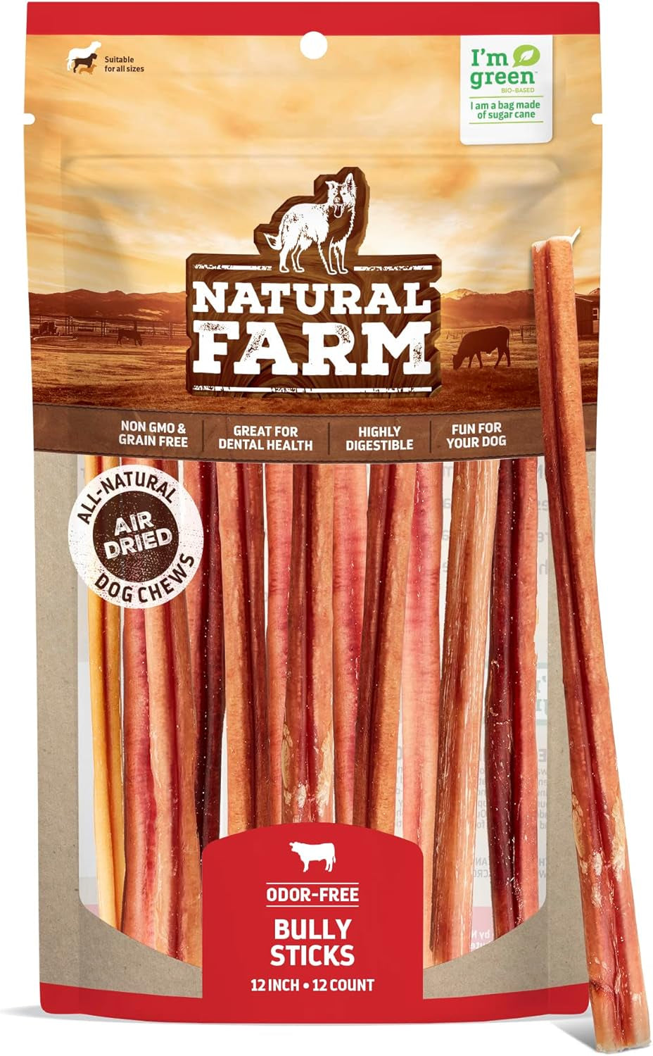 Natural Farm Odor-Free Bully Sticks, Fully Digestible 100% Beef Pizzle Chews, Grass-Fed, Non-Gmo, Grain-Free, Natural Long-Lasting Chews for Small & Large Dogs