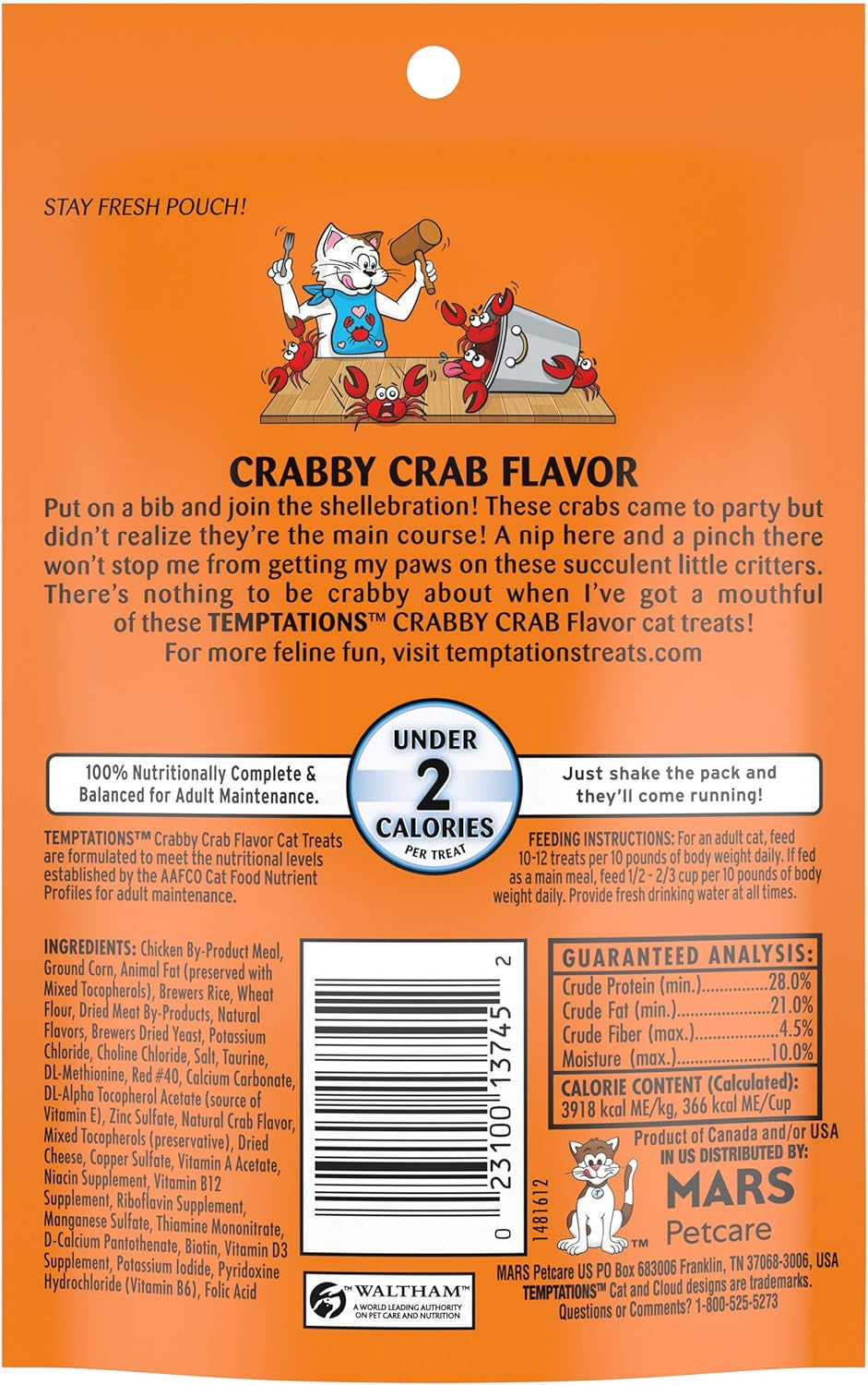 Temptations Classic Crunchy and Soft Cat Treats Crabby Crab Flavor, 3 Oz. Pouch (Pack of 12)