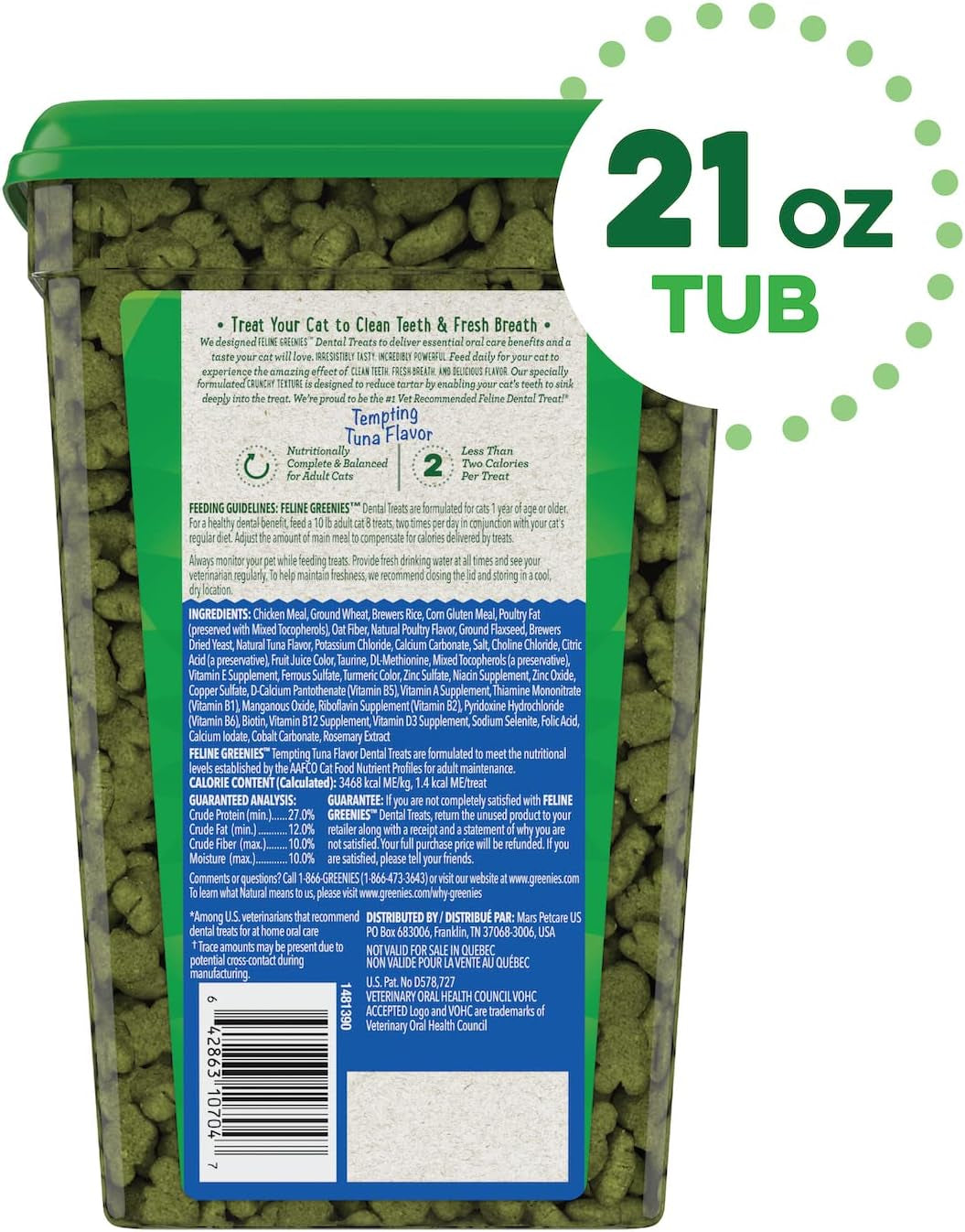 FELINE GREENIES Natural Dental Care Cat Treats Tempting Tuna Flavor