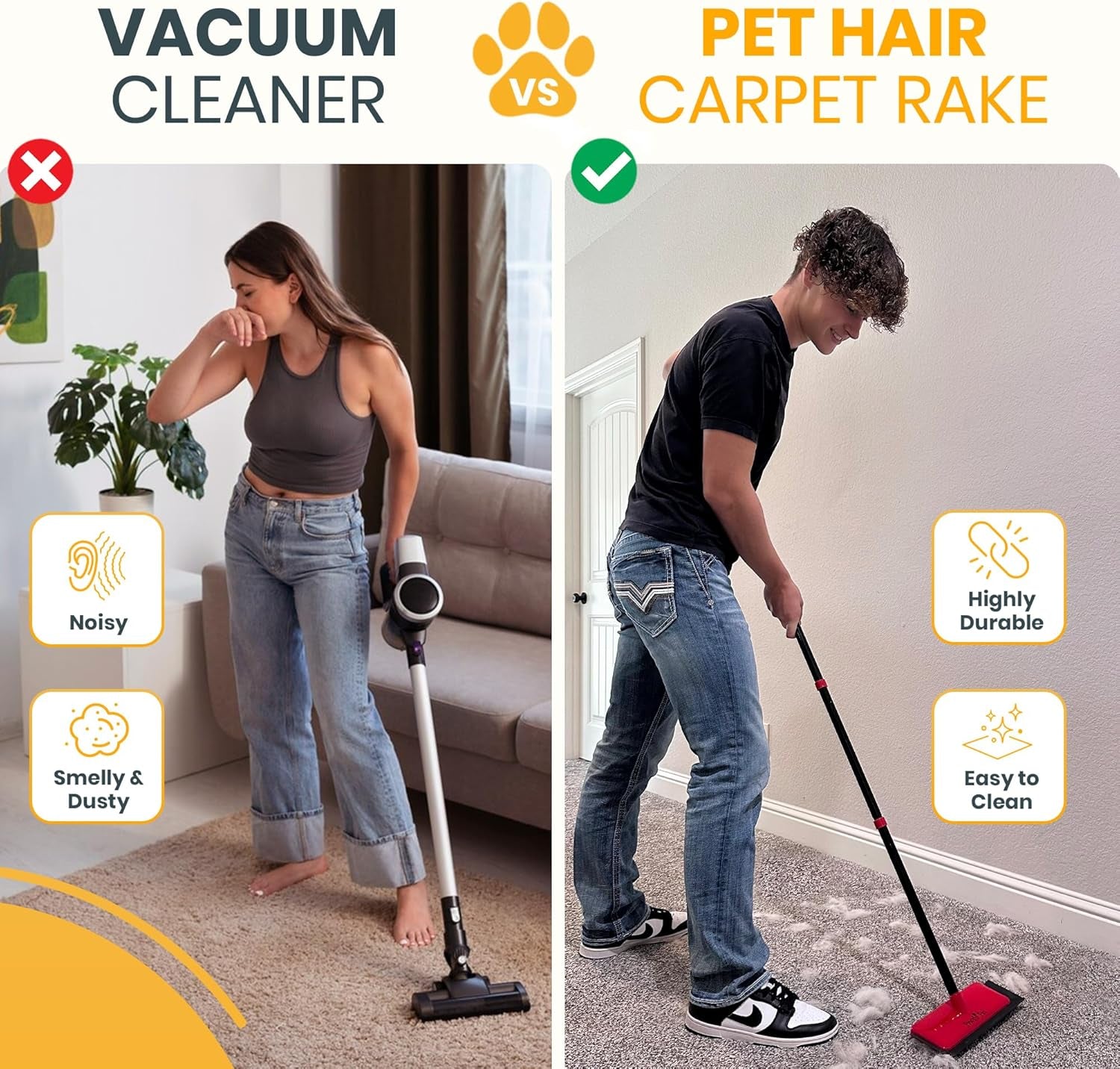 Pet Hair Carpet Rake - Dual Function Cat and Dog Hair Remover for Carpet with Long Adjustable Handle - Removes Fur from Carpets and Furniture - Pet Hair Removal Broom with Rubber Edge - Rug Rake Tool