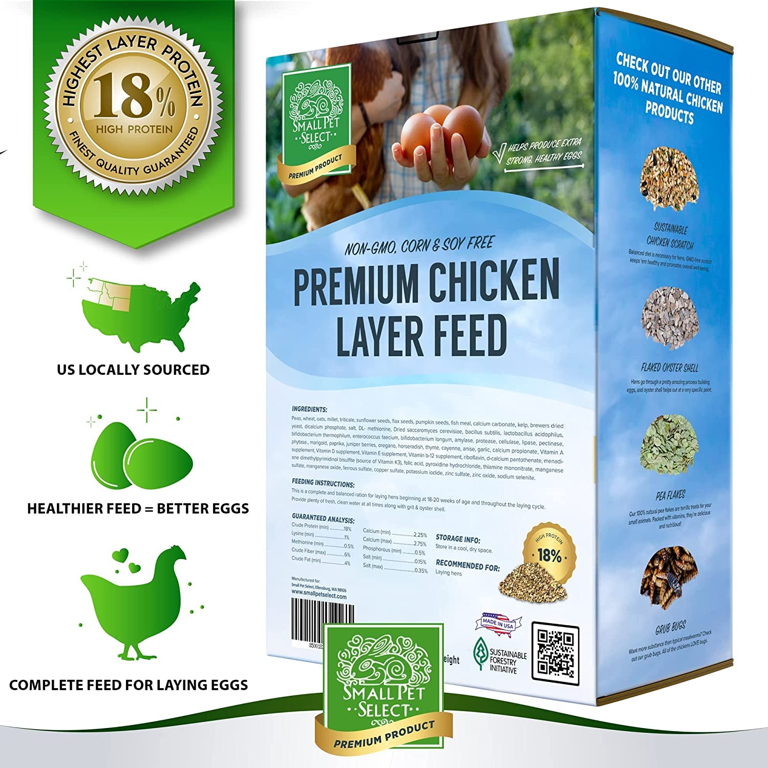 Small Pet Select Chicken Layer Feed Pellets, 18% Protein Level, Corn-Free, Soy-Free, Non-Gmo, All Natural US Locally Sourced Ingredients