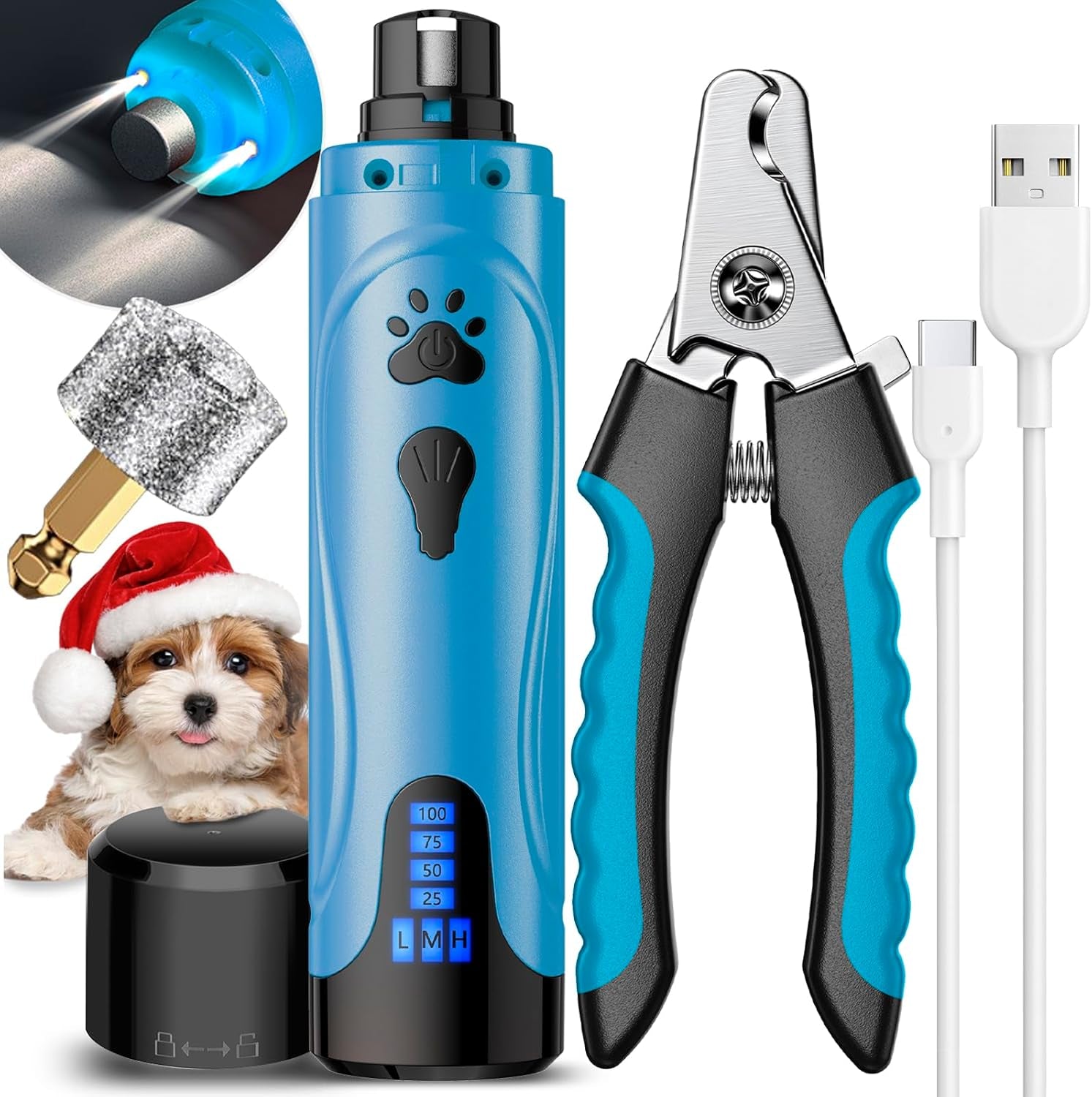 Dog Nail Grinder, Dog Nail Trimmers and Clippers Kit, Super Quiet Electric Pet Nail Grinder, Rechargeable, for Small Large Dogs & Cats Toenail & Claw Grooming,3 Speeds, 2 Grinding Wheels (A-Dark Blue)