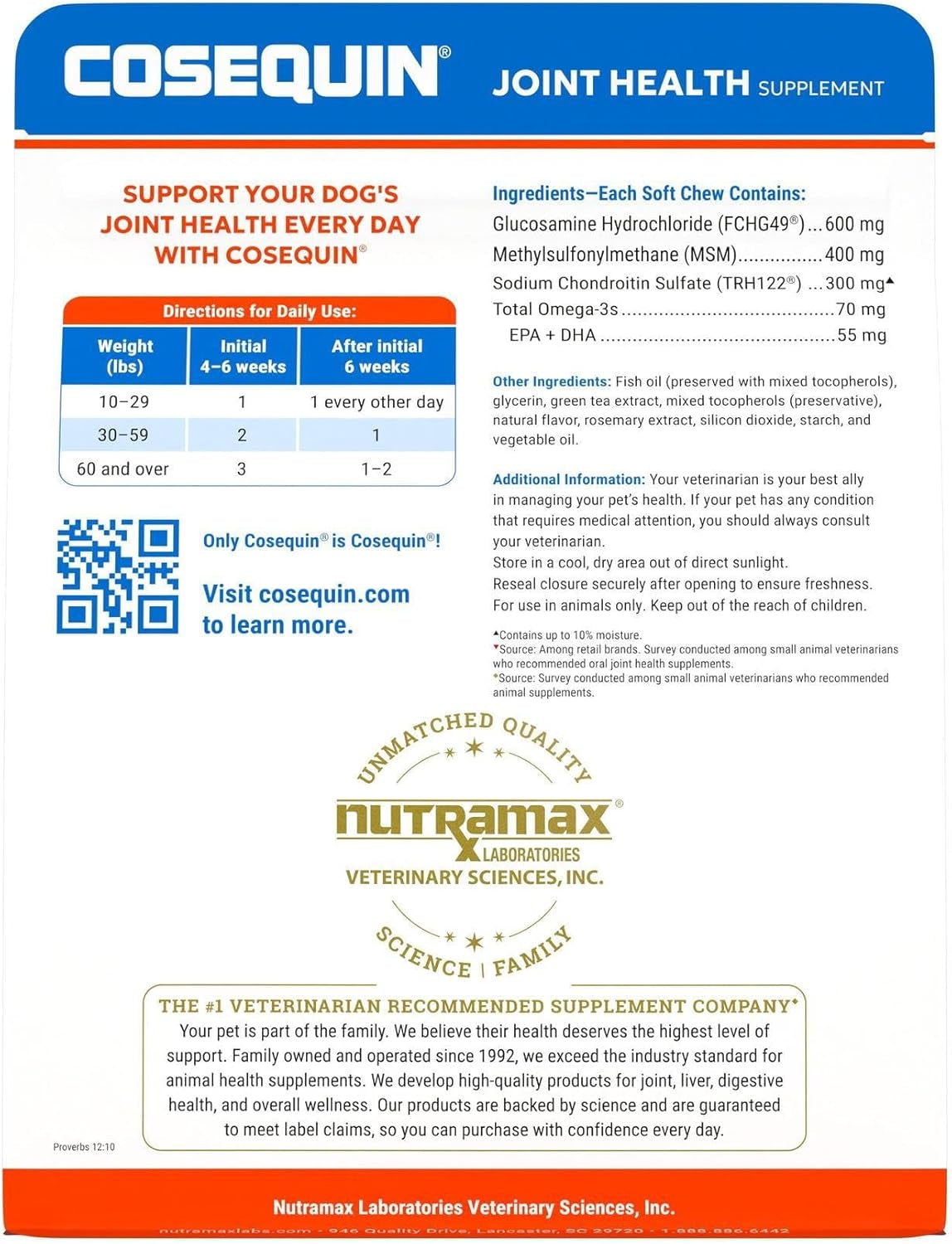 Nutramax Cosequin Joint Health Supplement for Dogs - with Glucosamine, Chondroitin, MSM, and Omega-3'S, 60 Soft Chews