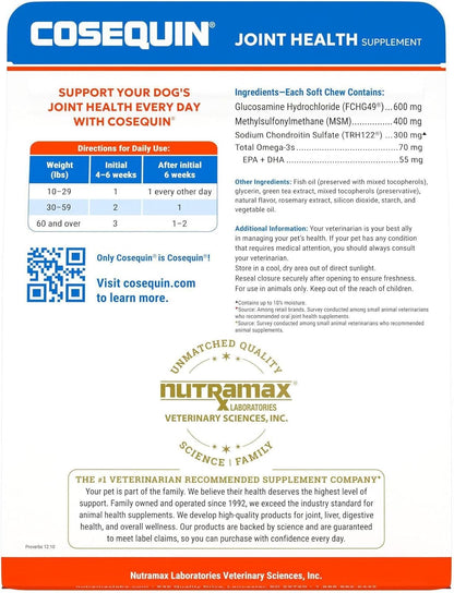 Nutramax Cosequin Joint Health Supplement for Dogs - with Glucosamine, Chondroitin, MSM, and Omega-3'S, 60 Soft Chews