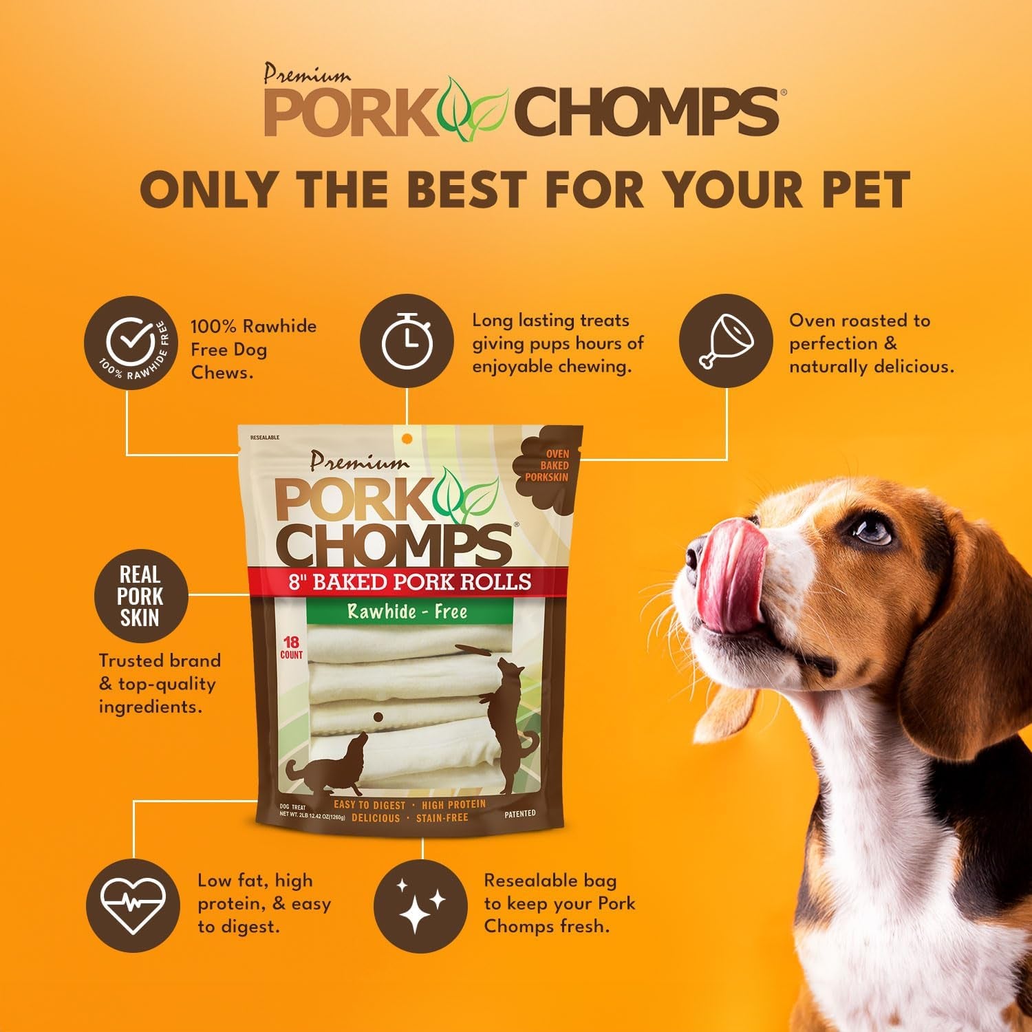 Pork Chomps Baked Pork Skin Dog Chews, 8-Inch Rolls