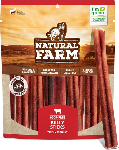 Natural Farm Odor-Free Bully Sticks, Fully Digestible 100% Beef Pizzle Chews, Grass-Fed, Non-Gmo, Grain-Free, Natural Long-Lasting Chews for Small & Large Dogs