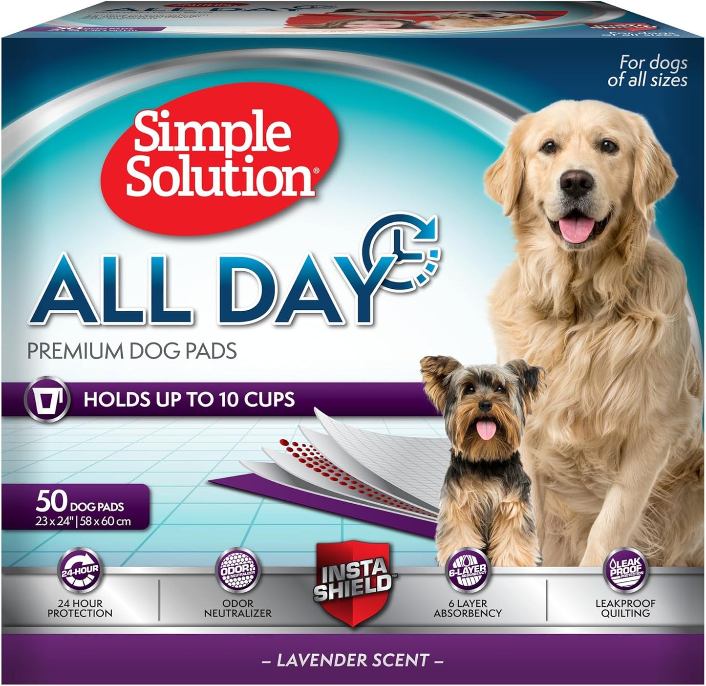 Simple Solution All Day Disposable Pee Pads for Dogs, XL Puppy Potty Training Wee Pad, 6 Layers Thick, Absorbent, Attracts Dogs, Leak Proof, Odor Neutralizing, Lavender Scent, LARGE 23"X24"