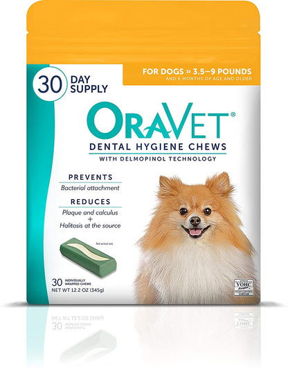 Oravet Dental Chews for Dogs, Oral Care and Hygiene Chews (Extra Small Dogs, 3.5-9 Lbs.) Yellow Pouch