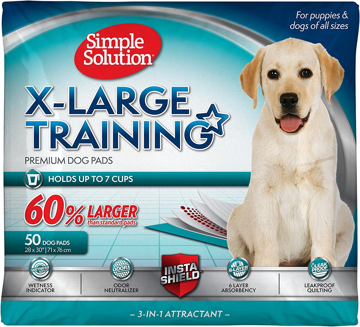 Simple Solution Extra Large Pee Pads for Dogs, XXL Puppy Potty Training Wee Wee Pad, 6 Layers Thick, Instashield Absorbent, Attracts Dogs, Leak Proof, Odor Neutralizing, Disposable, XLARGE 28"X30"