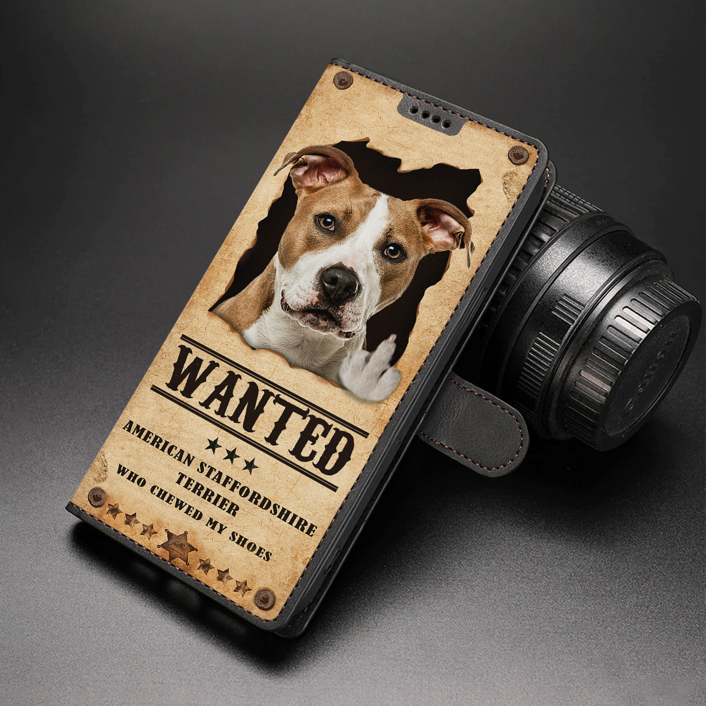 American Staffordshire Terrier Wanted - Étui portefeuille amusant pour téléphone V1