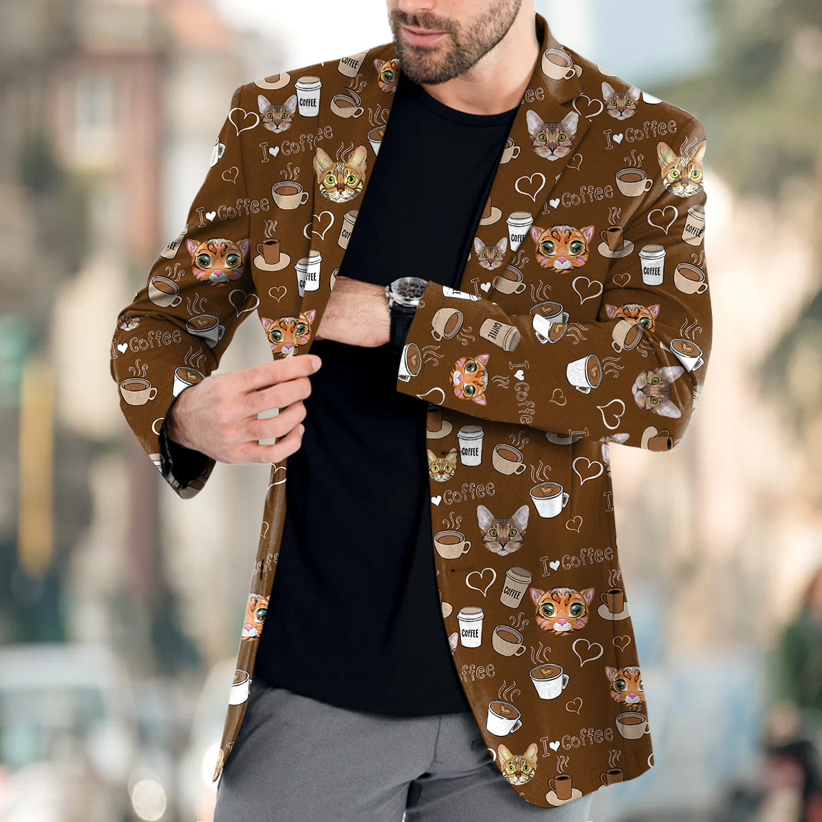 Bengal Cat Men's Coffee Printed Blazer