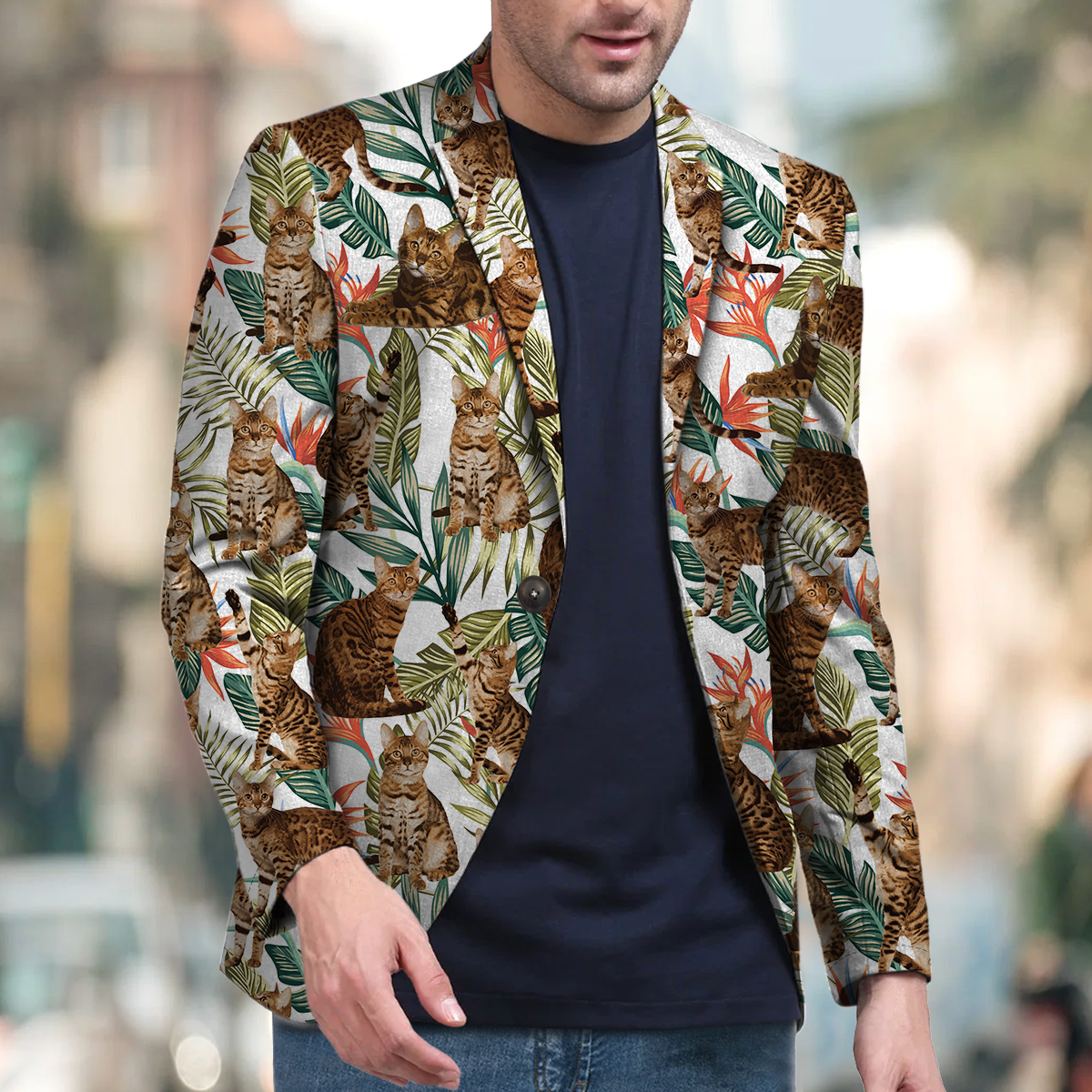 Bengal Cat Men's Green Leaves Hawaiian Blazer