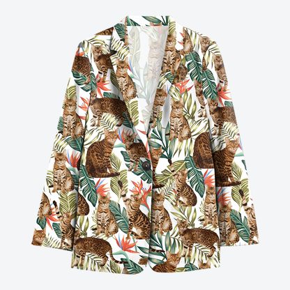 Bengal Cat Women's Green Leaves Hawaiian Blazer