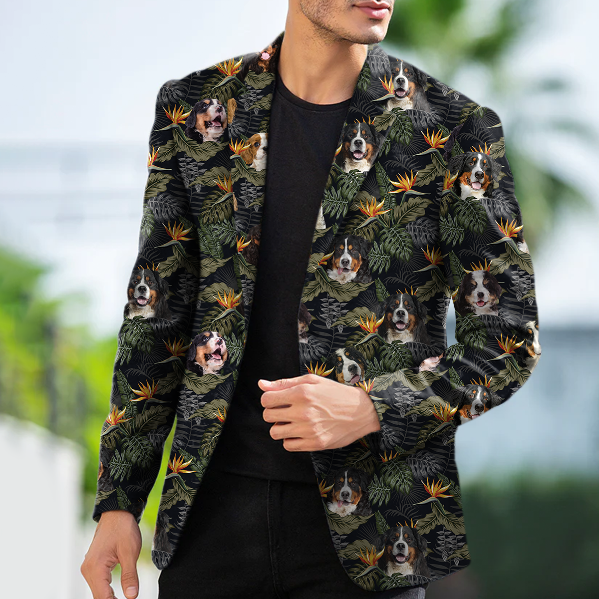 Bernese Mountain Men's Black Tropical Hawaiian Blazer