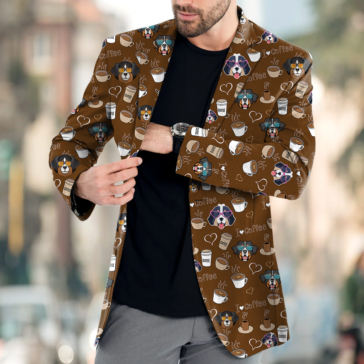 Bernese Mountain Men's Coffee Printed Blazer