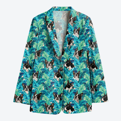 Boston Terrier Women's Blue Leaves Hawaiian Blazer