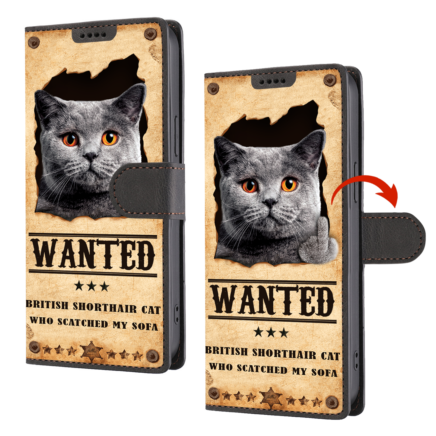 British Shorthair Cat Wanted - Étui portefeuille amusant pour téléphone V1