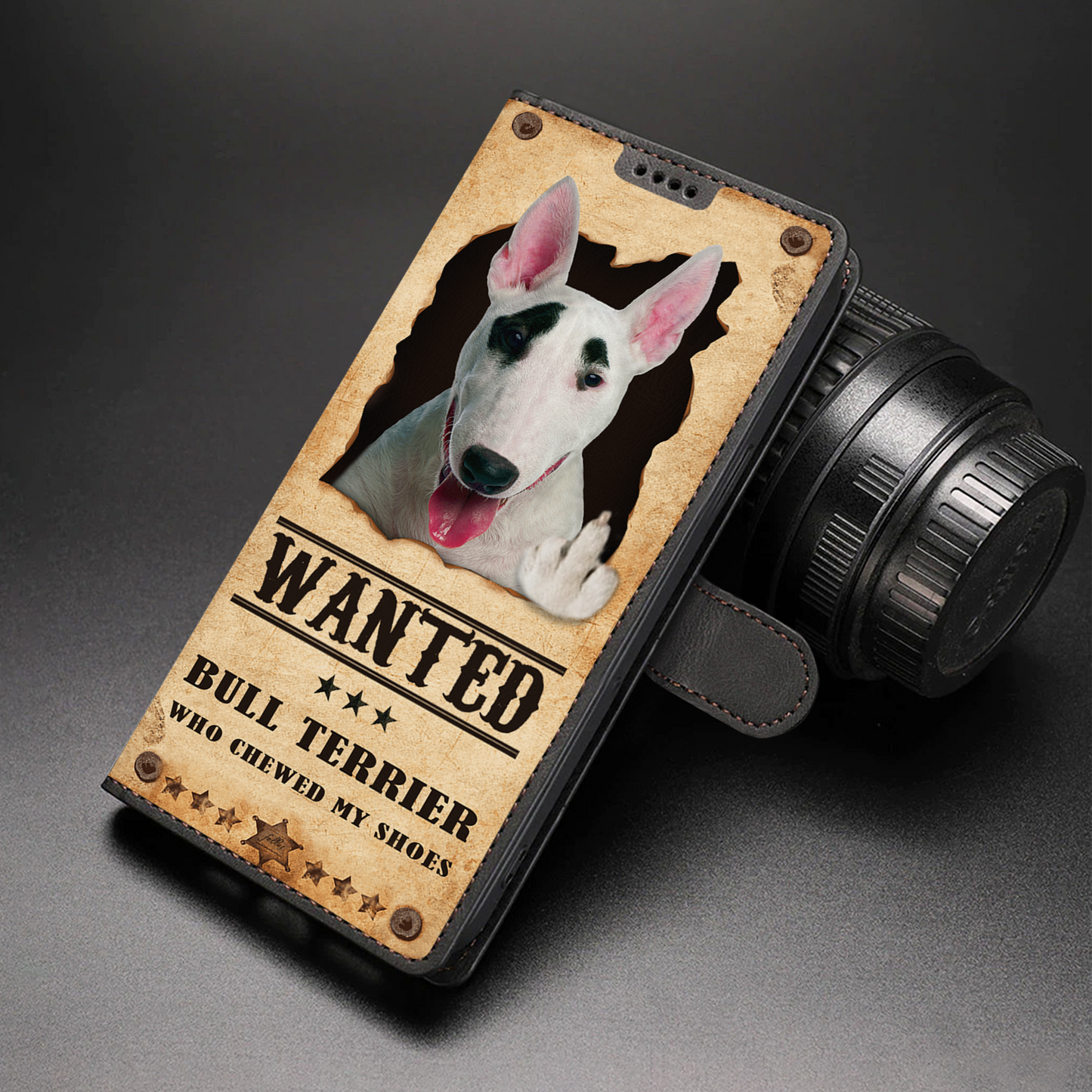 Bull Terrier Wanted - Étui portefeuille amusant pour téléphone V1