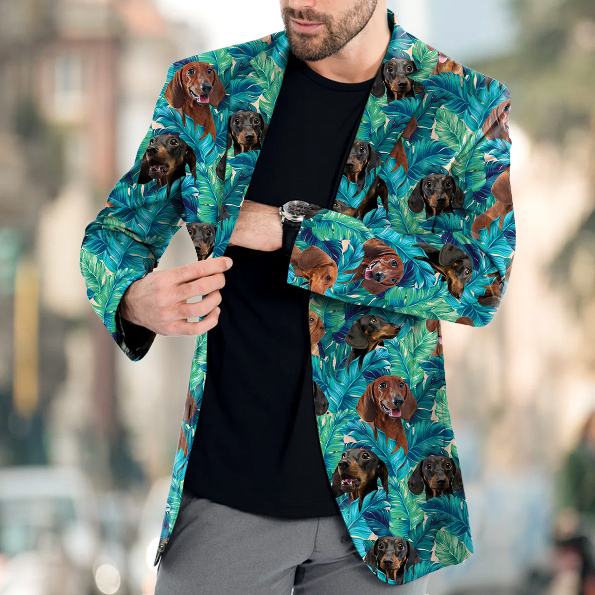 Dachshund Men's Blue Leaves Hawaiian Blazer