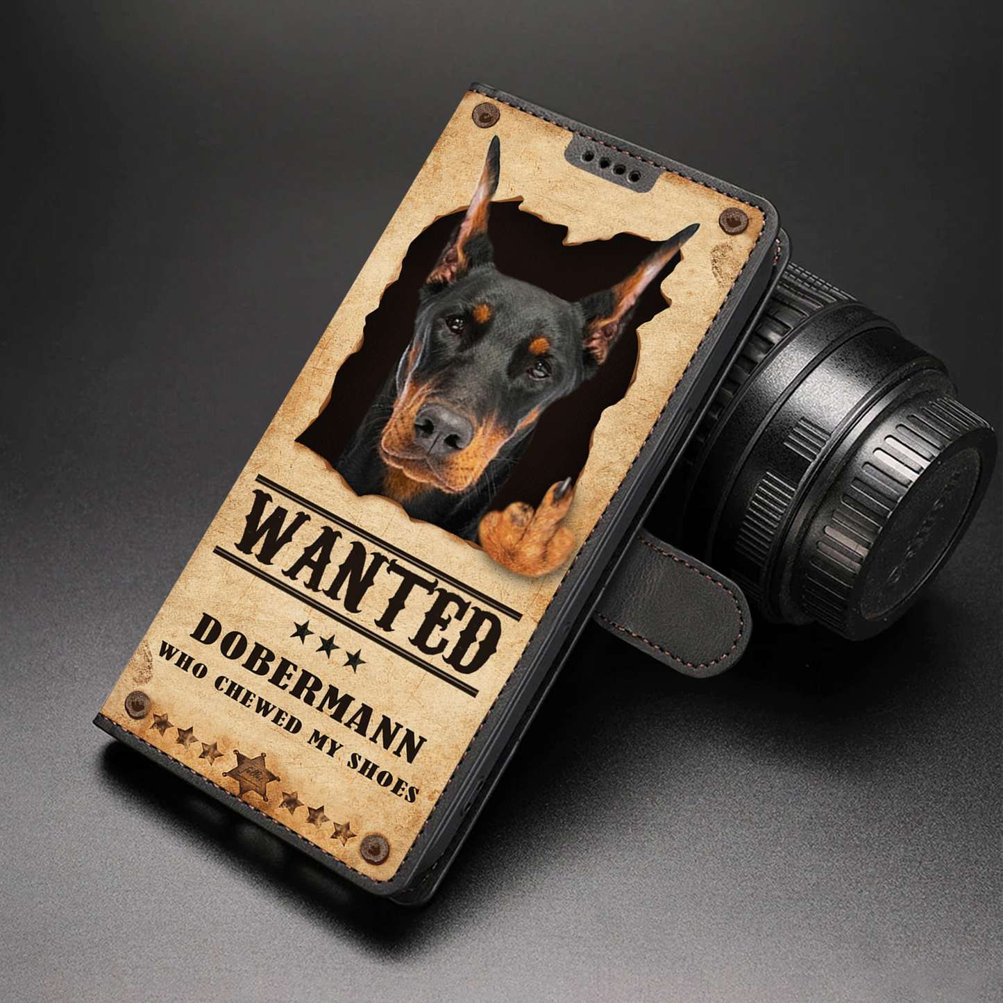 Doberman Pinscher Wanted - Étui portefeuille amusant pour téléphone V1