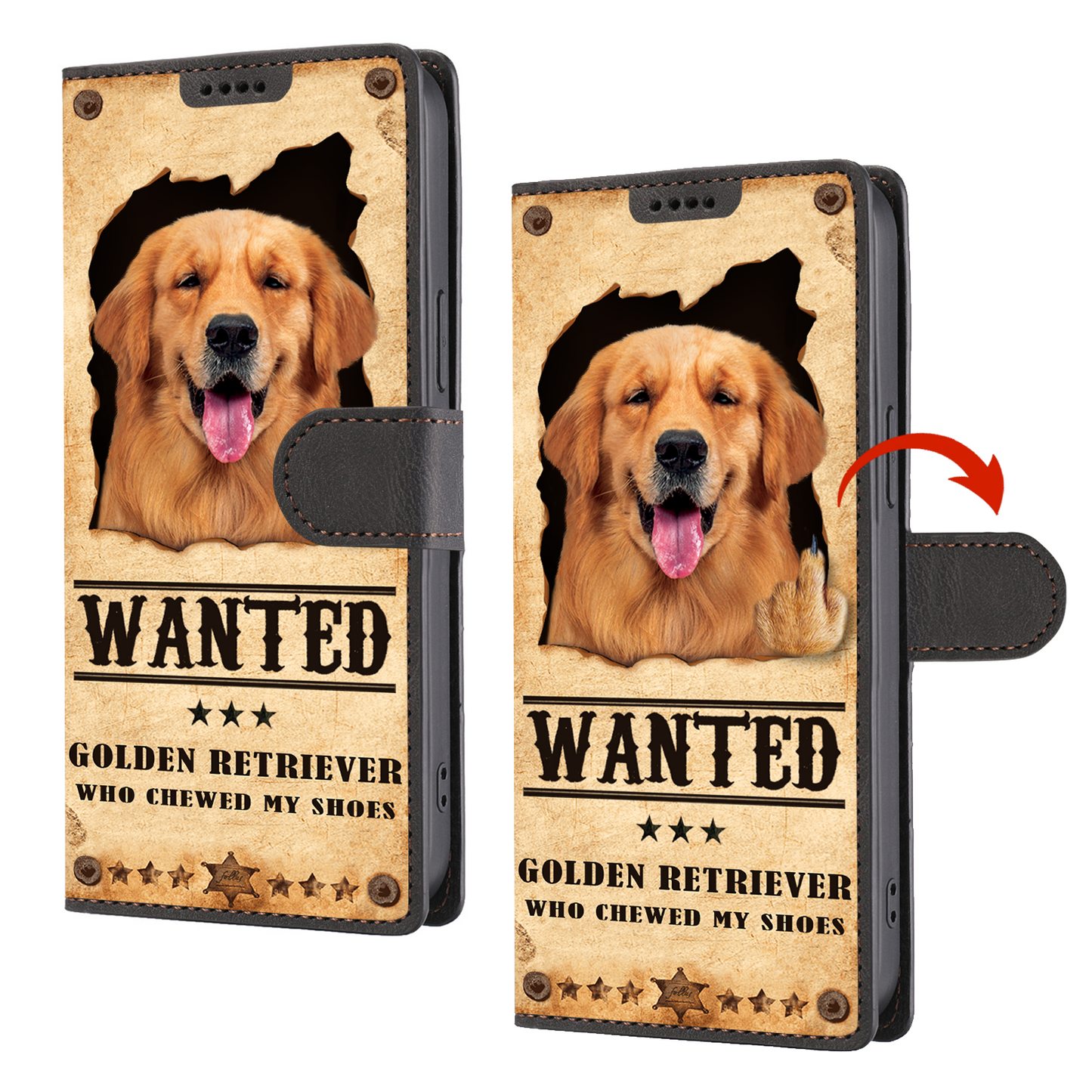 Golden Retriever Wanted - Étui portefeuille amusant pour téléphone V1