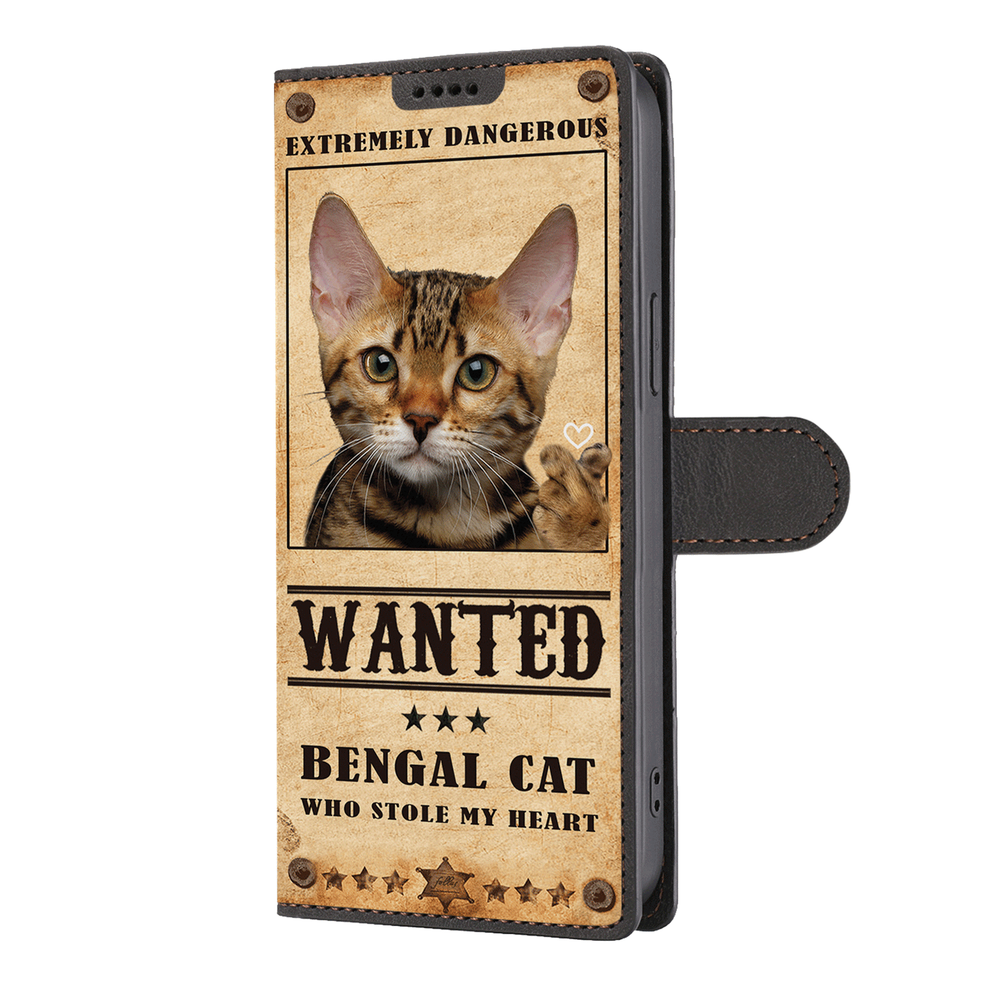 Heart Thief Bengal Cat - Étui de téléphone portefeuille inspiré de l'amour V1